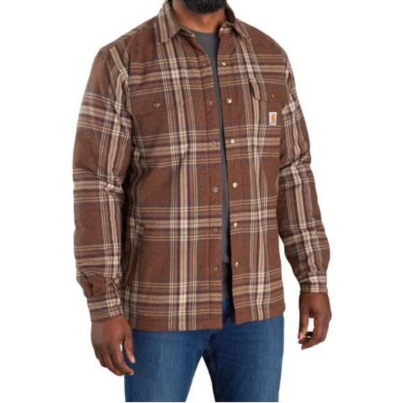 Carhartt Relaxed fit Brown Plaid Shirt Jacket Shacket Sherpa lined Large Tall - Picture 1 of 6